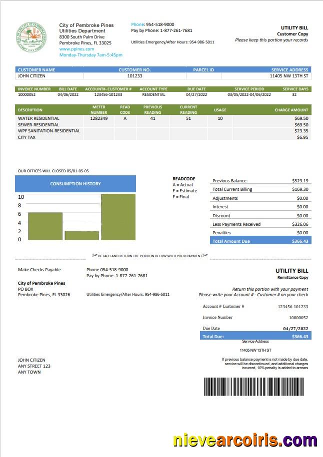 USA Florida City of Pembroke Pines Utilities Department utility bill